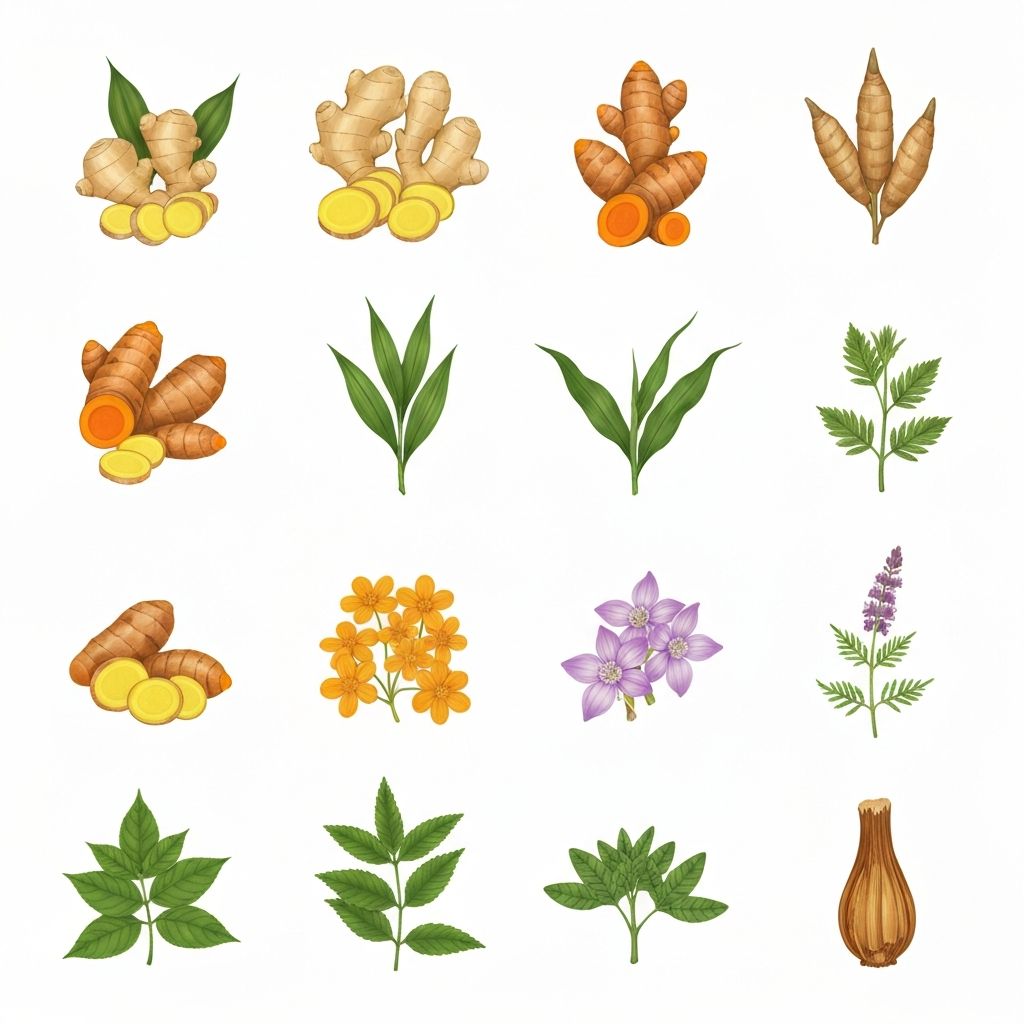 Botanical illustrations of various herbs and extracts